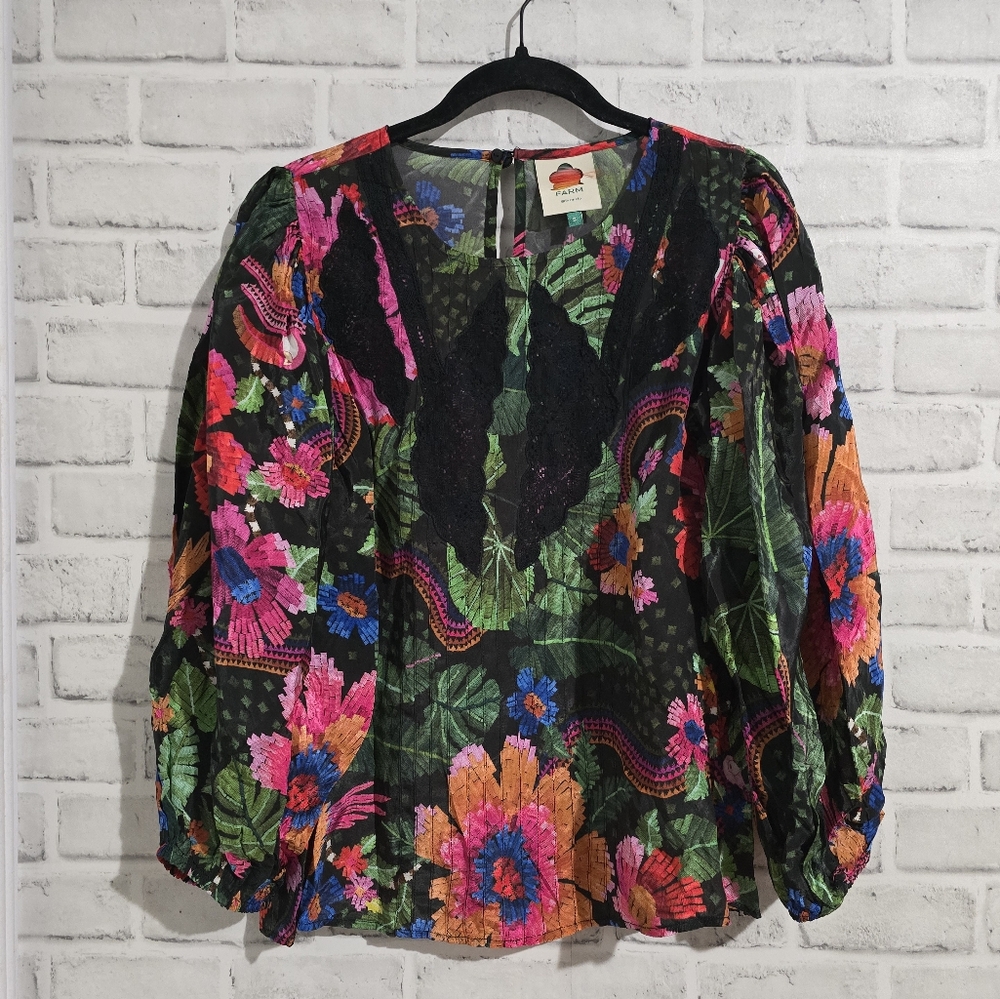 EUC Farm Rio Blooming Garden Blouse Black Floral size S - Picture 3 of 8